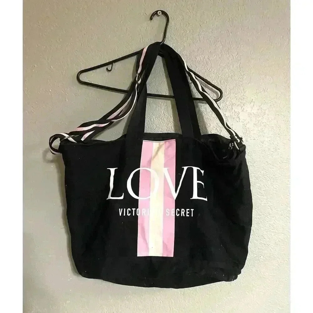 Victoria Secret Love Black And Pink‎ Striped Purse/Beach Tote Bag